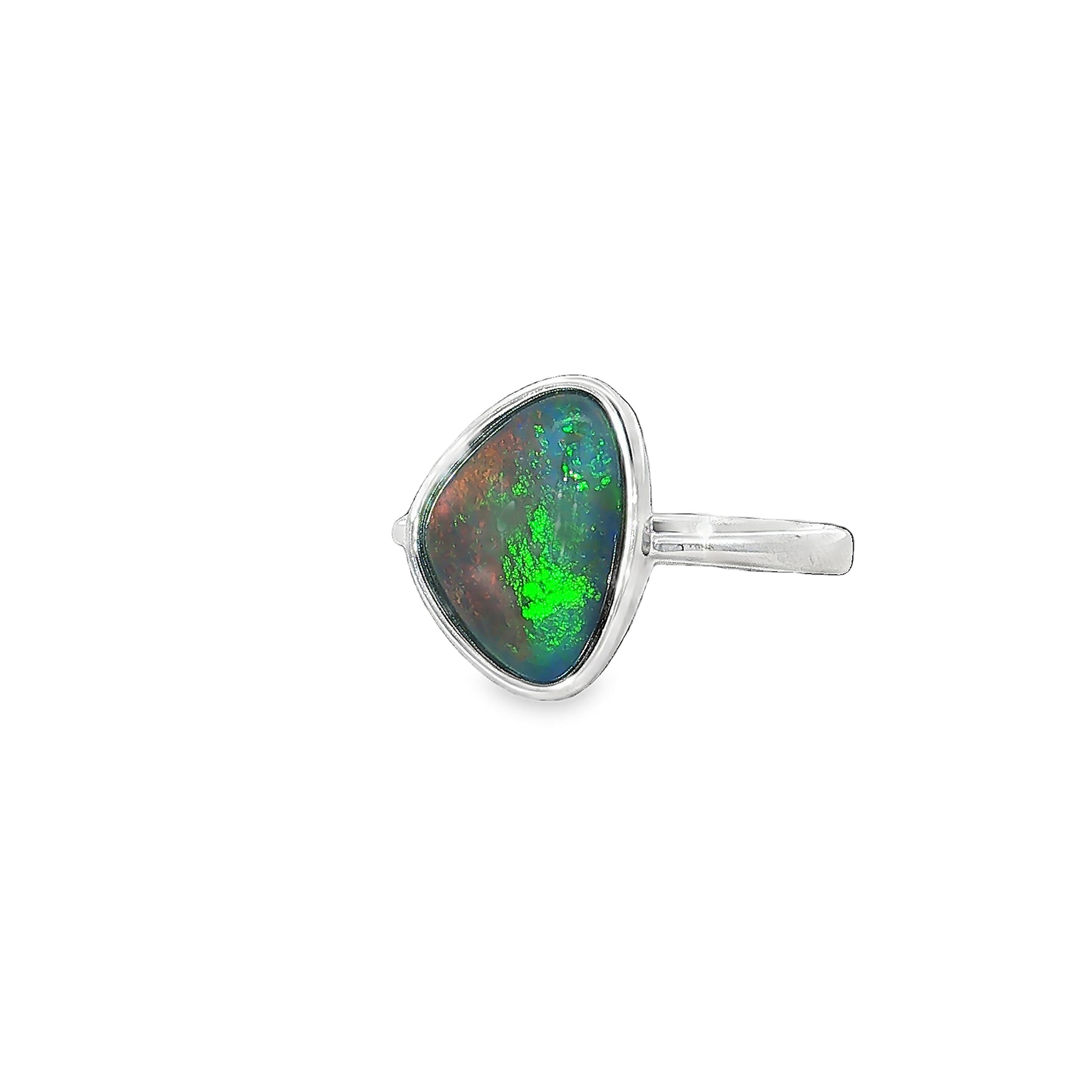 12.5 x 9.5mm triangular Australian opal triplet ring in sterling silver, yellow, orange, blue and green