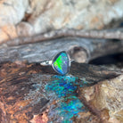 yellow, orange, blue and green play-of-colour in a 12.5 x 9.5mm triangular Australian opal triplet ring