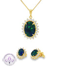 14x10mm opal triplet halo pendant and 7x5mm cluster earring set in gold-plated silver