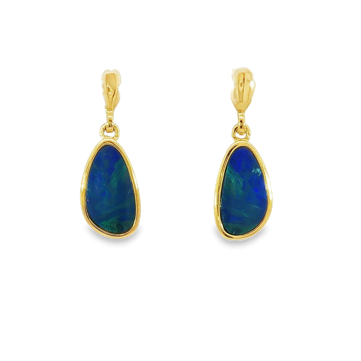 12 x 7mm freeform Australian opal doublet earrings in yellow gold-plated silver