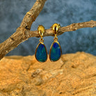 freeform Australian opal doublet earrings in yellow gold-plated silver, green and blue play-of-colour