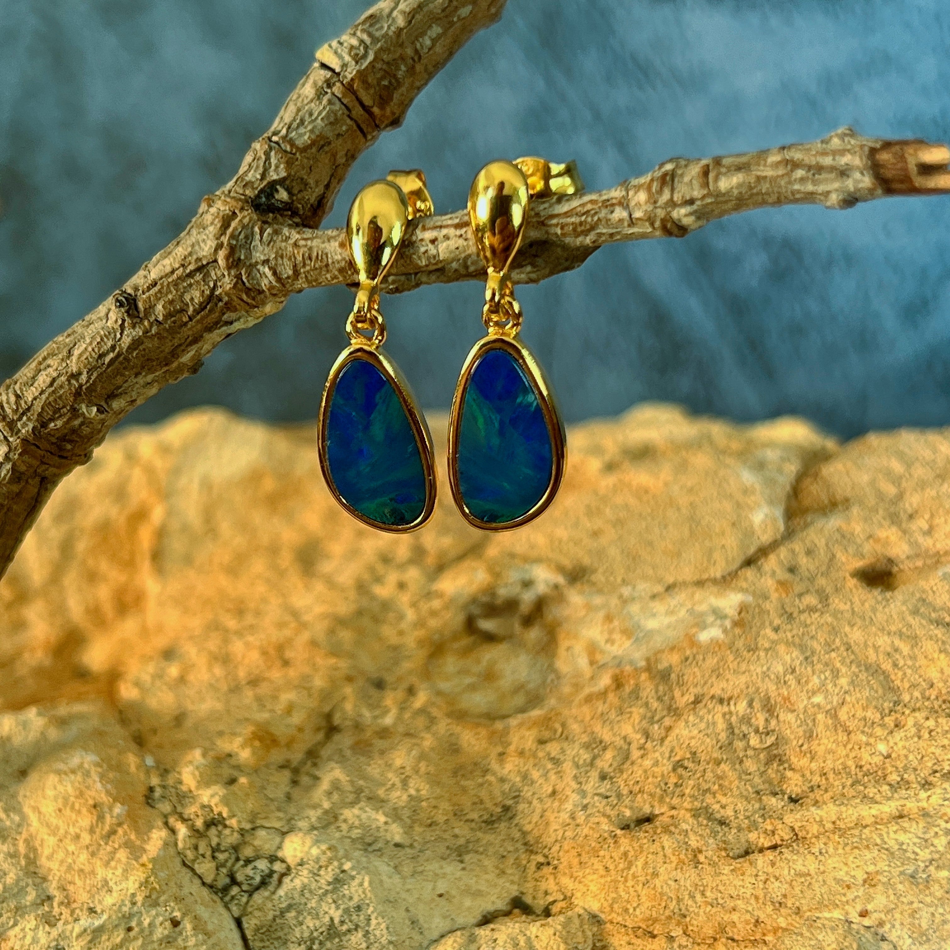 yellow gold-plated silver Australian opal doublet earrings with 12 x 7mm freeform stones