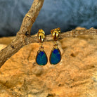 12 x 7mm Australian opal doublet earrings in yellow gold-plated silver, green and blue