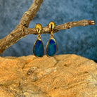 Australian opal doublet earrings, yellow gold-plated silver, 12 x 7mm stones showing green and blue