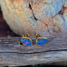 Australian opal doublet earrings, yellow gold-plated silver, 11 x 7.5mm stones showing red, blue and green