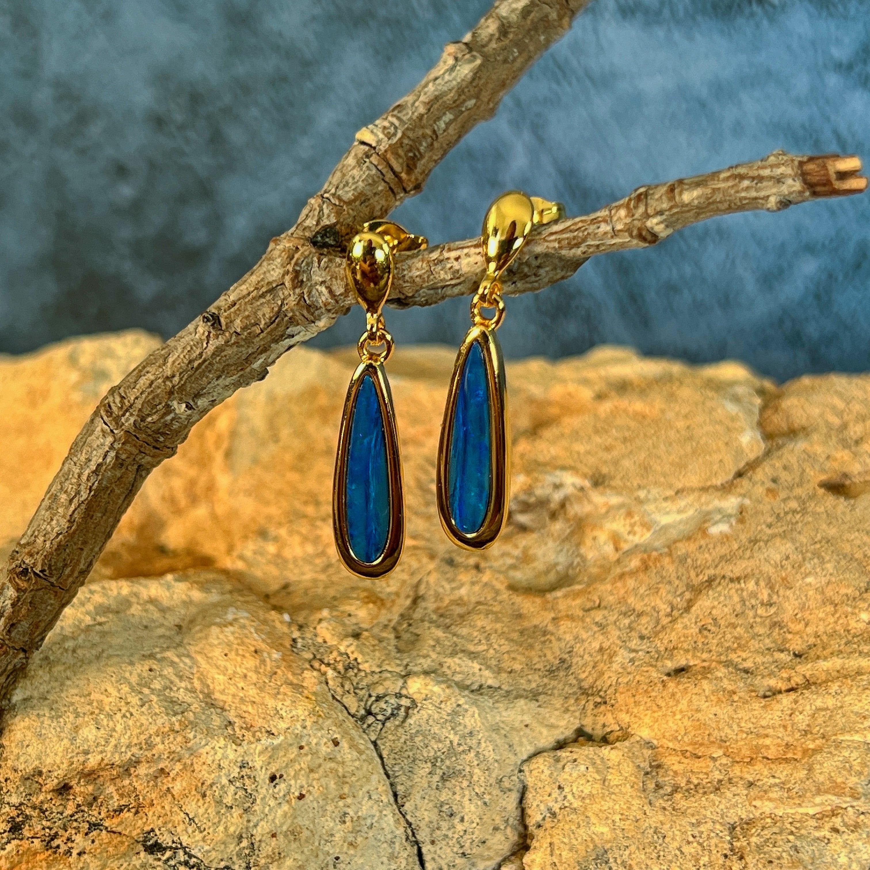 yellow gold-plated silver Australian opal doublet earrings with 17 x 5mm pear-shaped stones