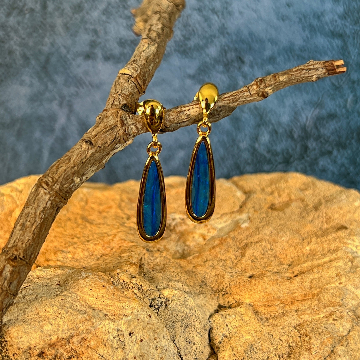 Australian opal doublet earrings, yellow gold-plated silver, 17 x 5mm stones showing green and blue