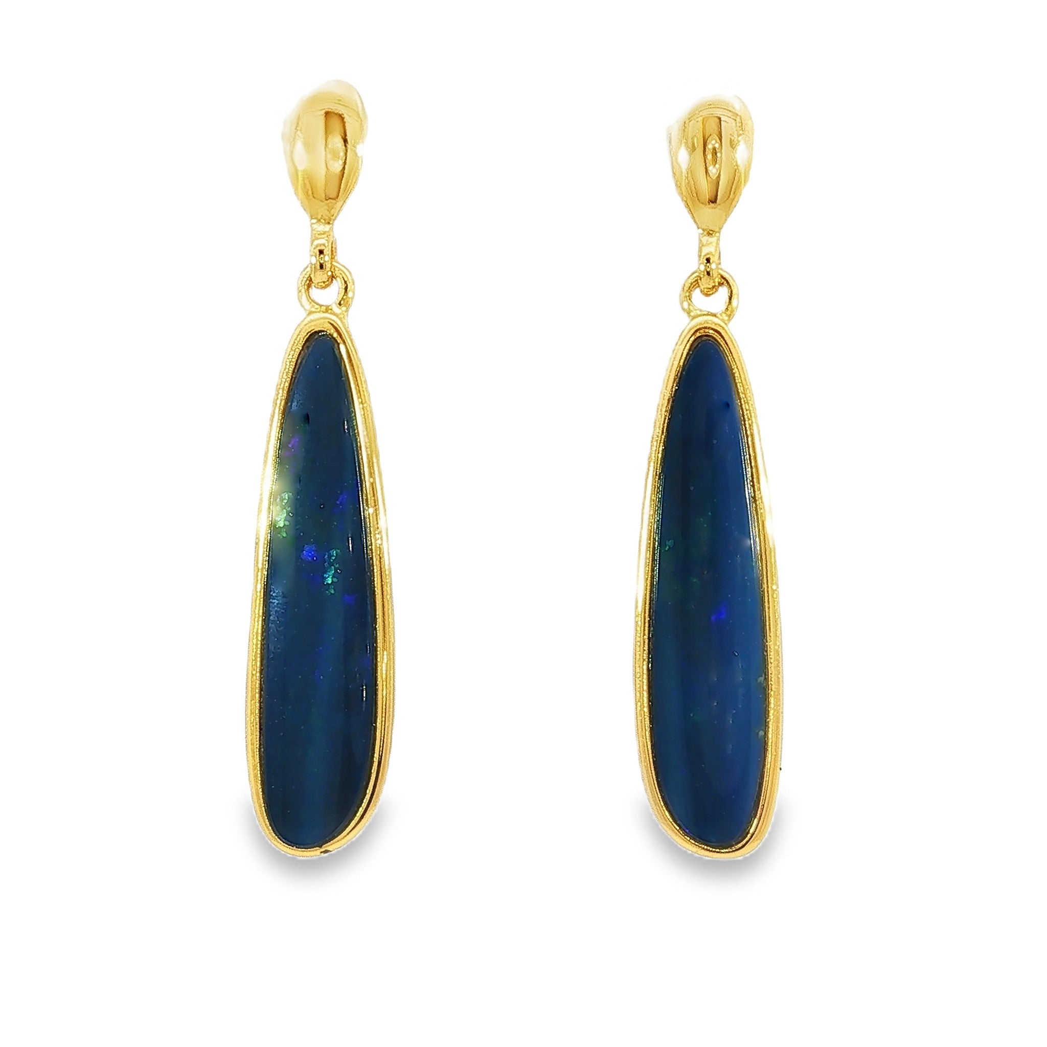 22 x 5.5mm pear-shaped Australian opal doublet earrings in yellow gold-plated silver