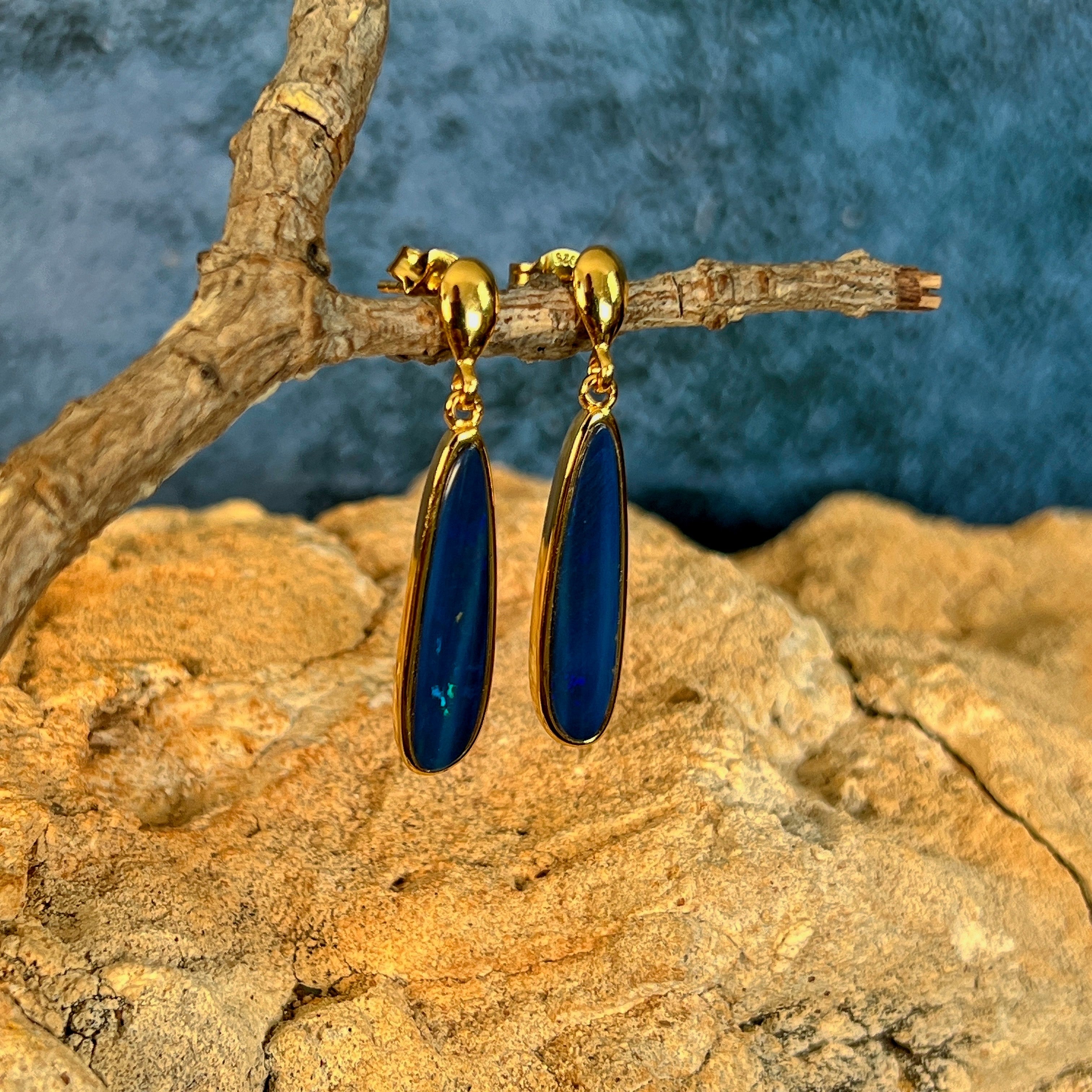 green and blue play-of-colour in 22 x 5.5mm pear-shaped Australian opal doublet earrings