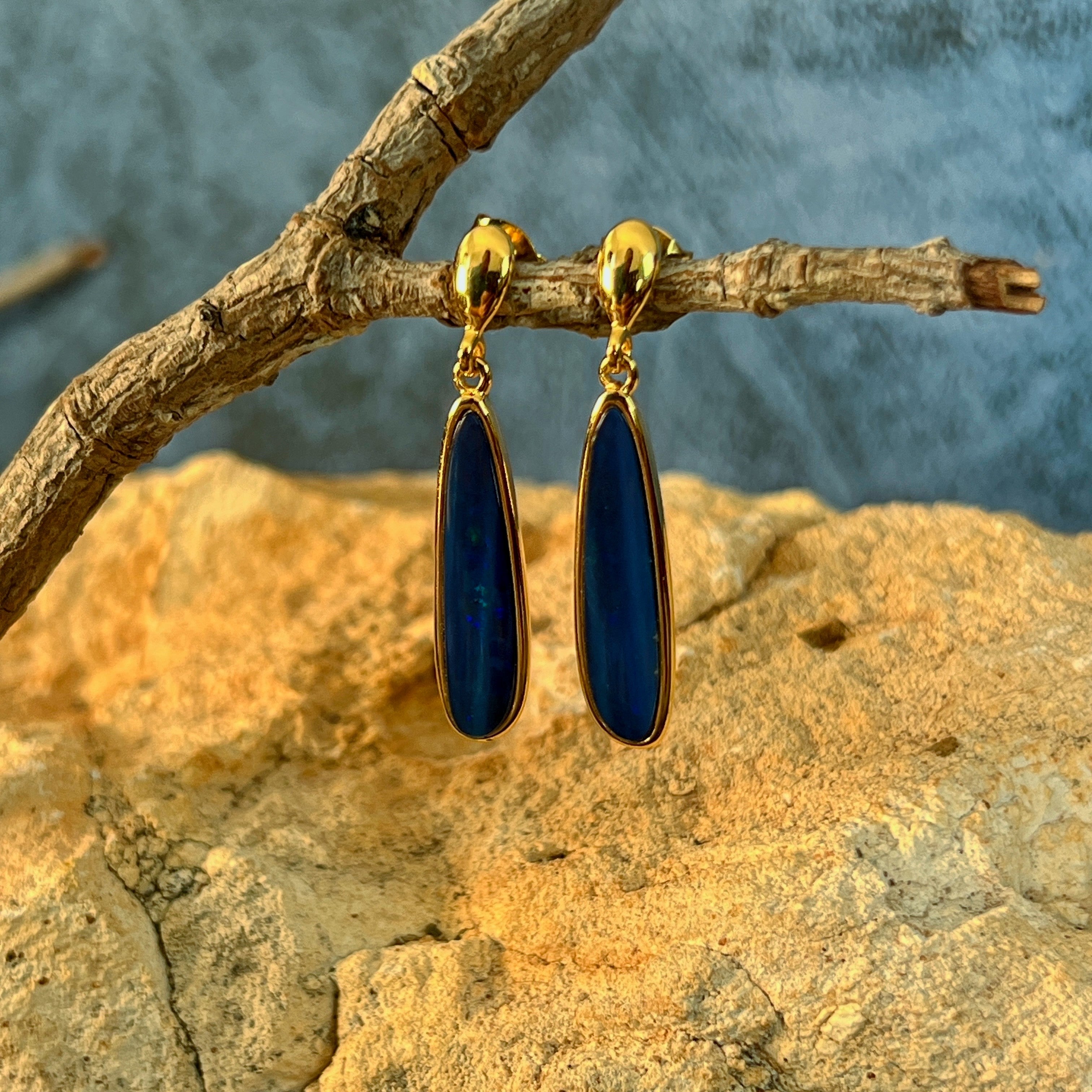 22 x 5.5mm Australian opal doublet earrings in yellow gold-plated silver, green and blue