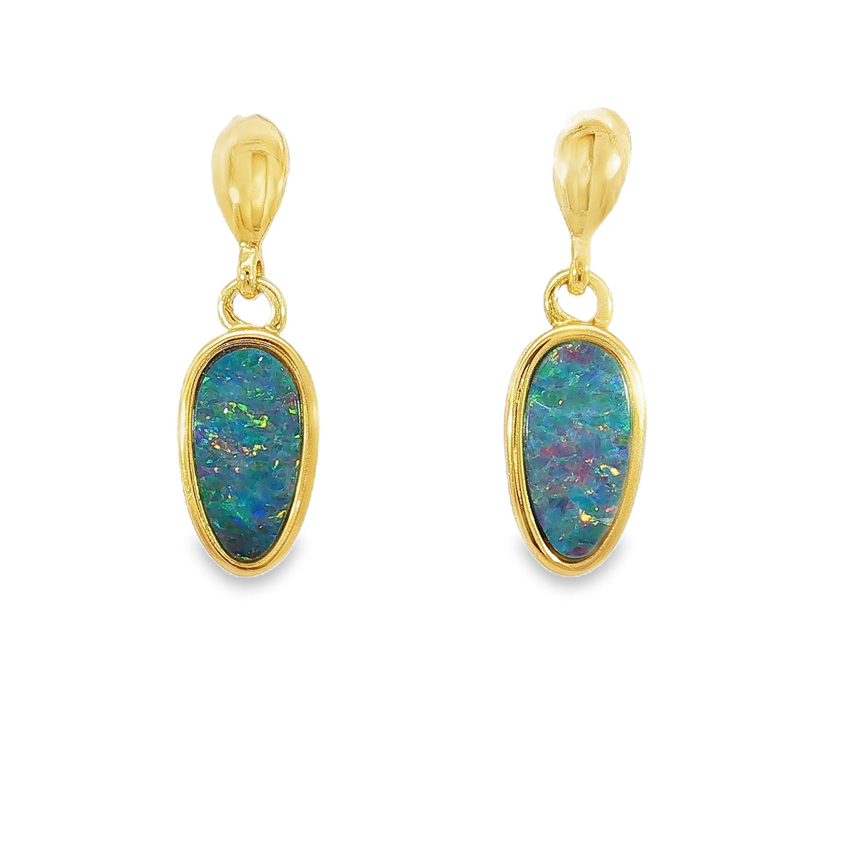 11 x 6mm pear-shaped Australian opal doublet earrings in yellow gold-plated silver