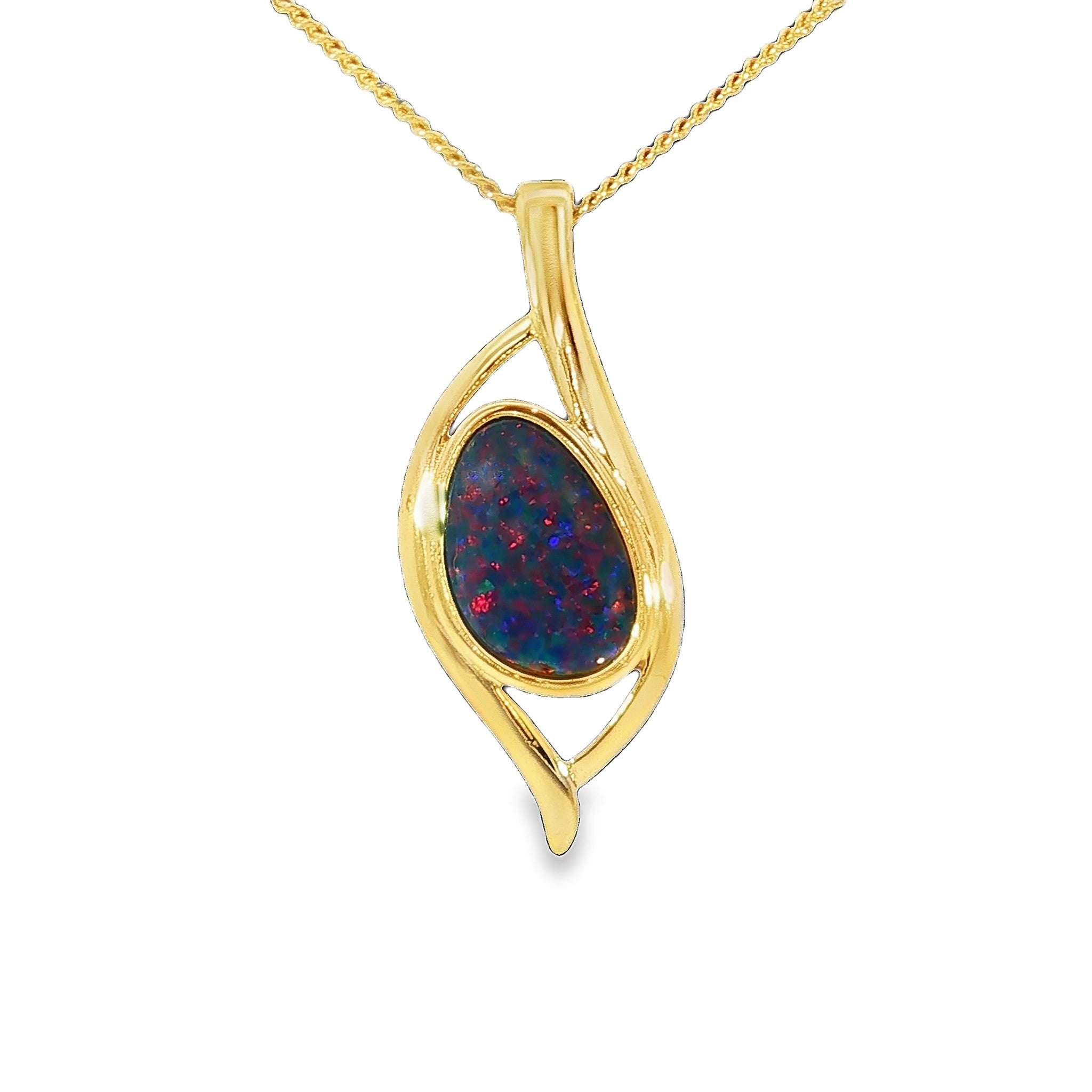 12 x 8mm pear-shaped Australian opal doublet pendant in yellow gold-plated silver