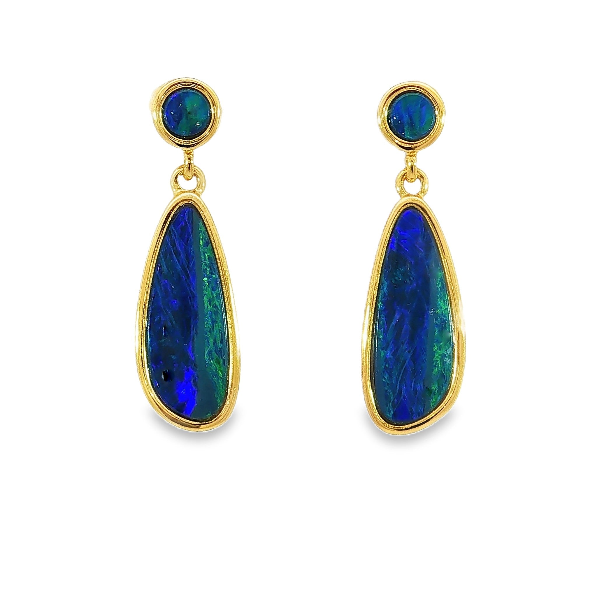 16.5 x 7mm and 5mm round Australian opal doublet earrings in yellow gold-plated silver