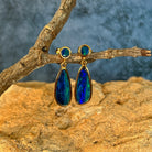 round Australian opal doublet earrings in yellow gold-plated silver, green and blue play-of-colour