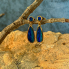 green and blue play-of-colour in 16.5 x 7mm and 5mm round Australian opal doublet earrings