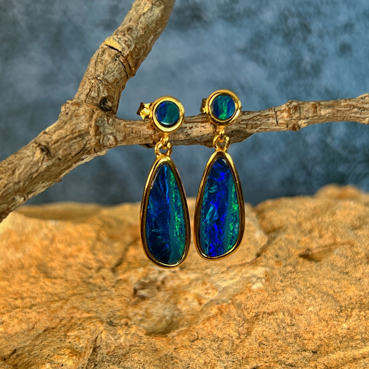 16.5 x 7mm and 5mm Australian opal doublet earrings in yellow gold-plated silver, green and blue