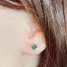 Worn Australian opal doublet earrings in yellow gold-plated silver, blue and green, 5mm