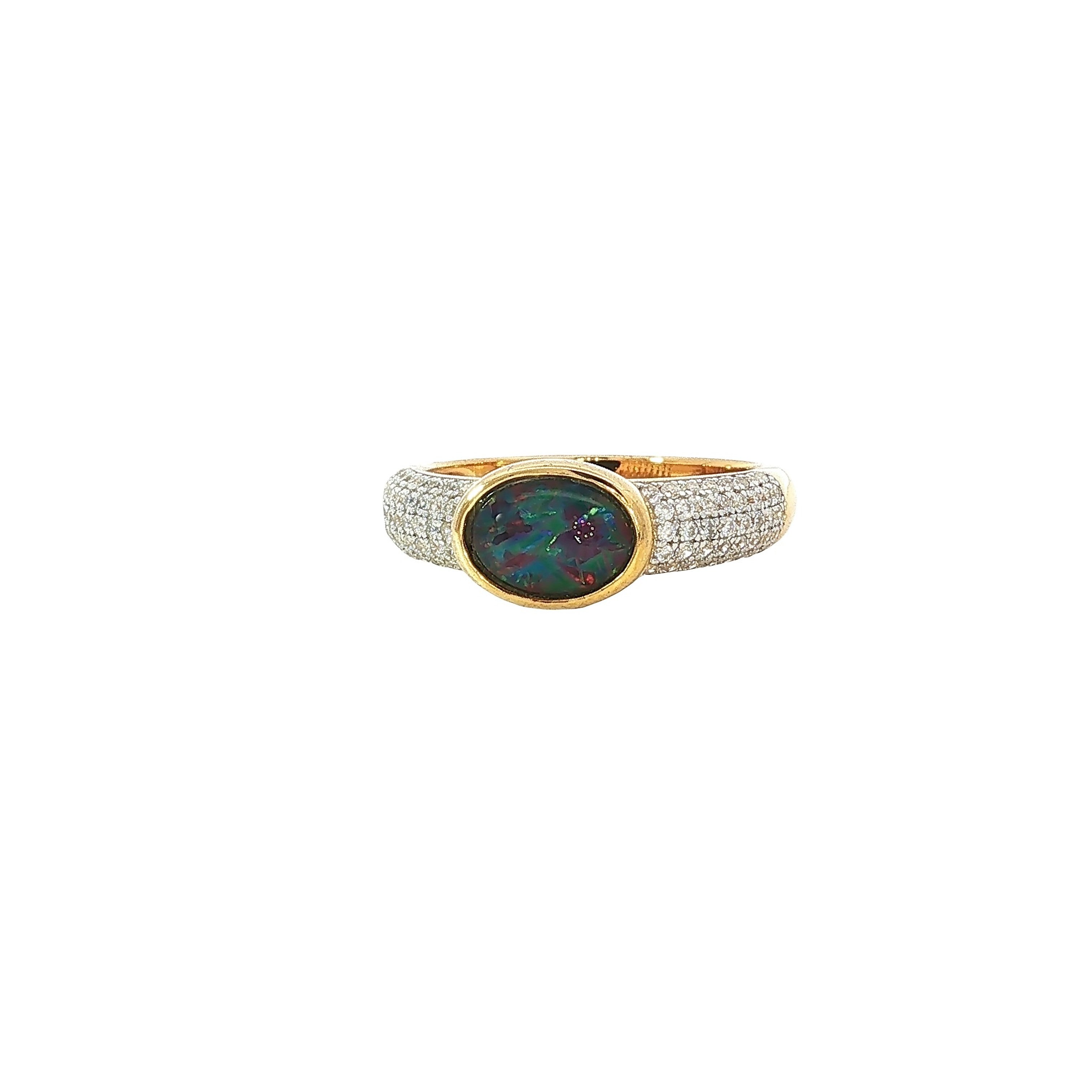 8 x 6mm oval Australian opal triplet ring in yellow gold-plated silver