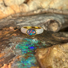 oval Australian opal triplet ring in yellow gold-plated silver, red, blue and green play-of-colour
