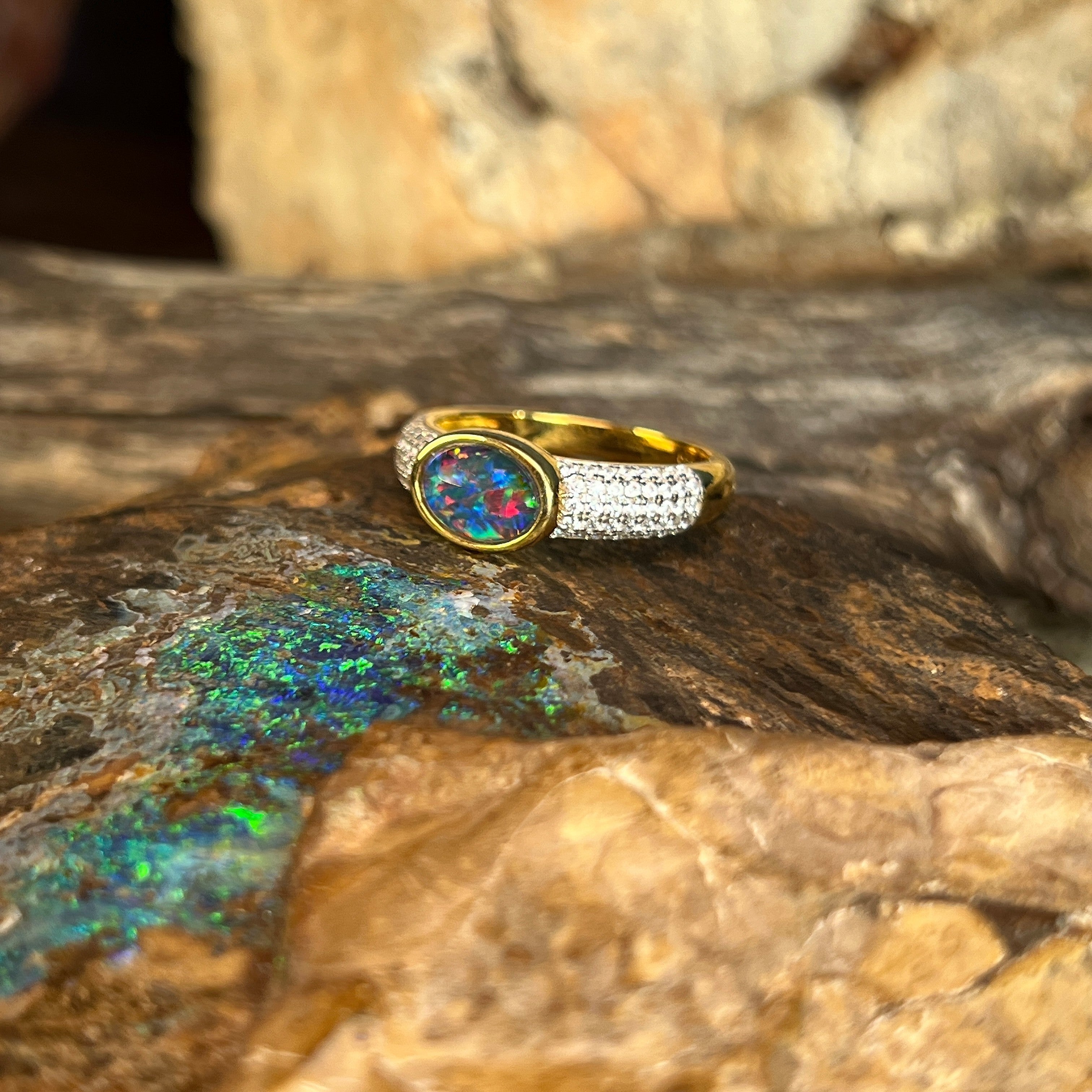 yellow gold-plated silver Australian opal triplet ring with a 8 x 6mm oval stone