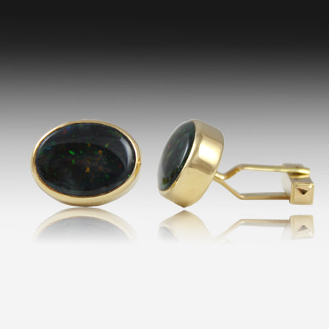 18kt Yellow Gold Black Opal cufflinks - Masterpiece Jewellery Opal & Gems Sydney Australia | Online Shop