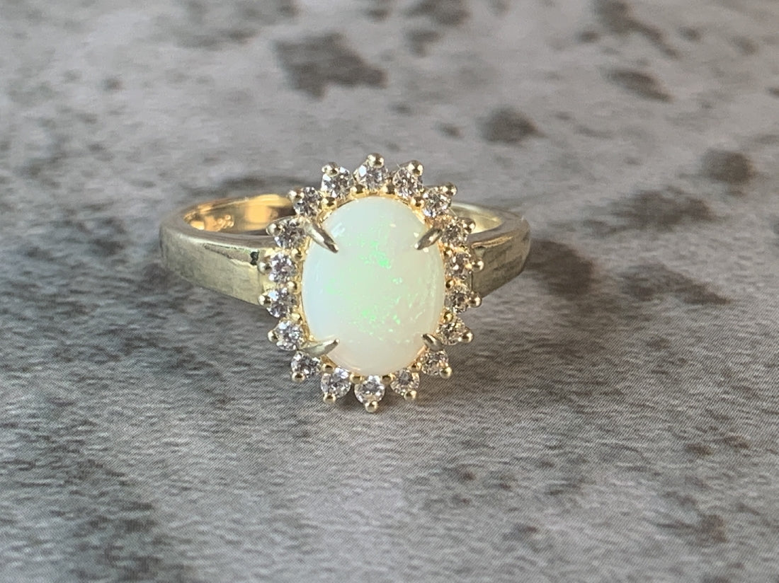 Gold Plated Sterling Silver Opal 9x7mm and cubic zirconia cluster ring - Masterpiece Jewellery Opal & Gems Sydney Australia | Online Shop