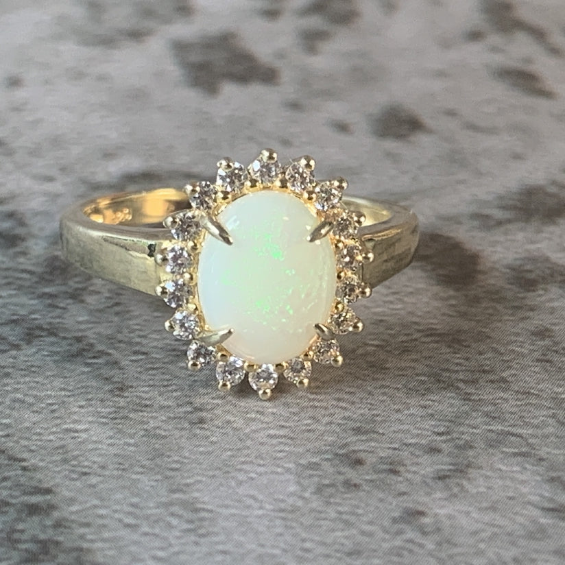 Gold Plated Sterling Silver Opal 9x7mm and cubic zirconia cluster ring - Masterpiece Jewellery Opal & Gems Sydney Australia | Online Shop