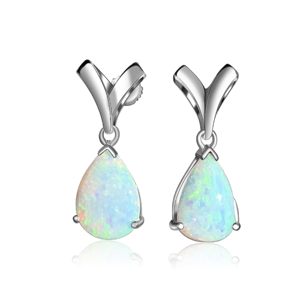 Sterling Silver Opal Pear shape earrings short drop on V shape studs - Masterpiece Jewellery Opal & Gems Sydney Australia | Online Shop