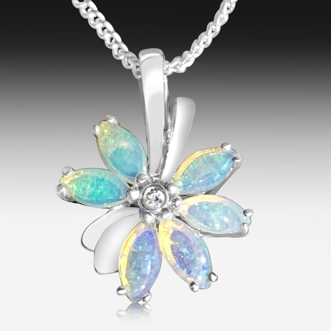 Sterling Silver Opal Fireworks floral pendant - Masterpiece Jewellery Opal & Gems Sydney Australia | Online Shop