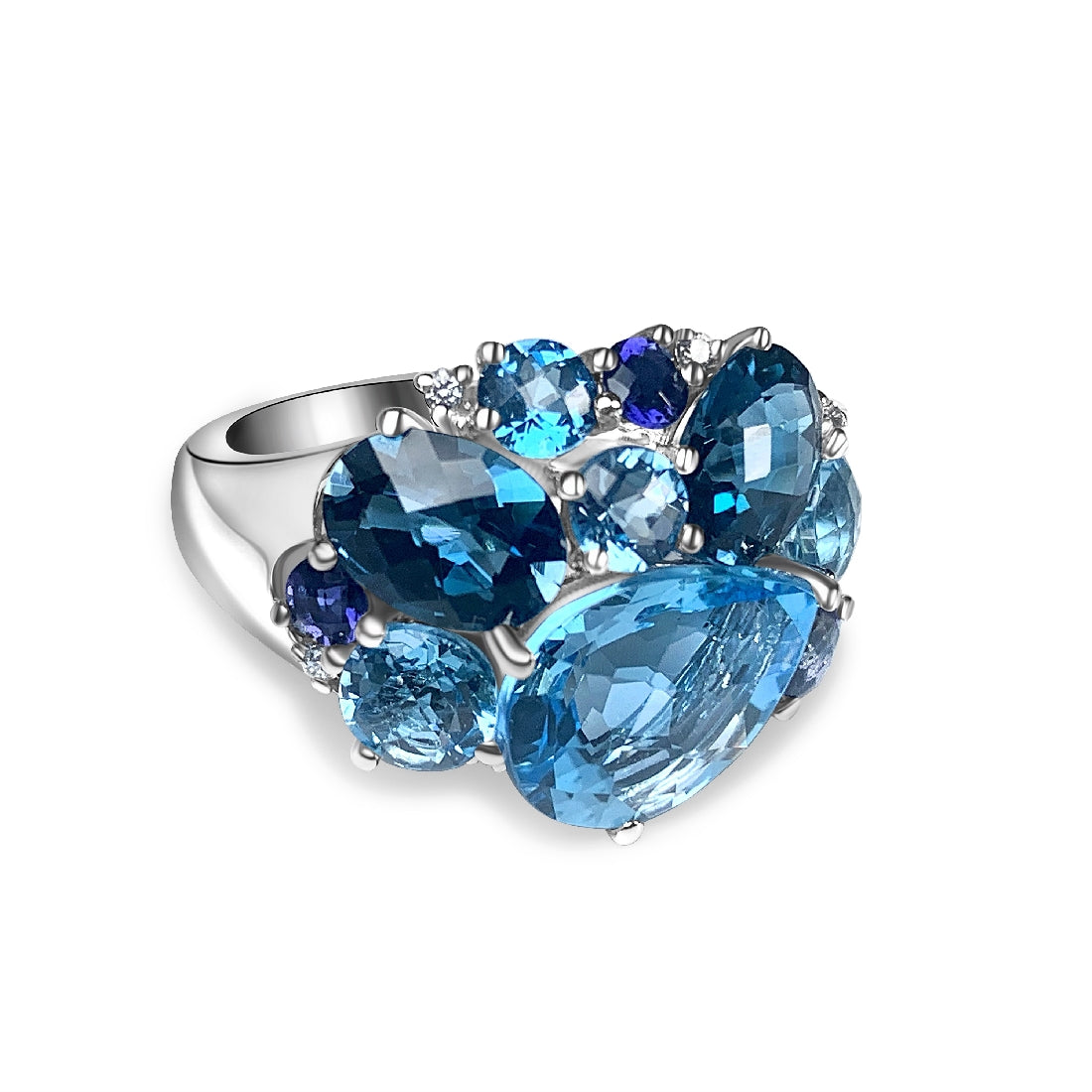 18kt White Gold cluster Blue Topaz, Iolite and Diamond ring - Masterpiece Jewellery Opal & Gems Sydney Australia | Online Shop