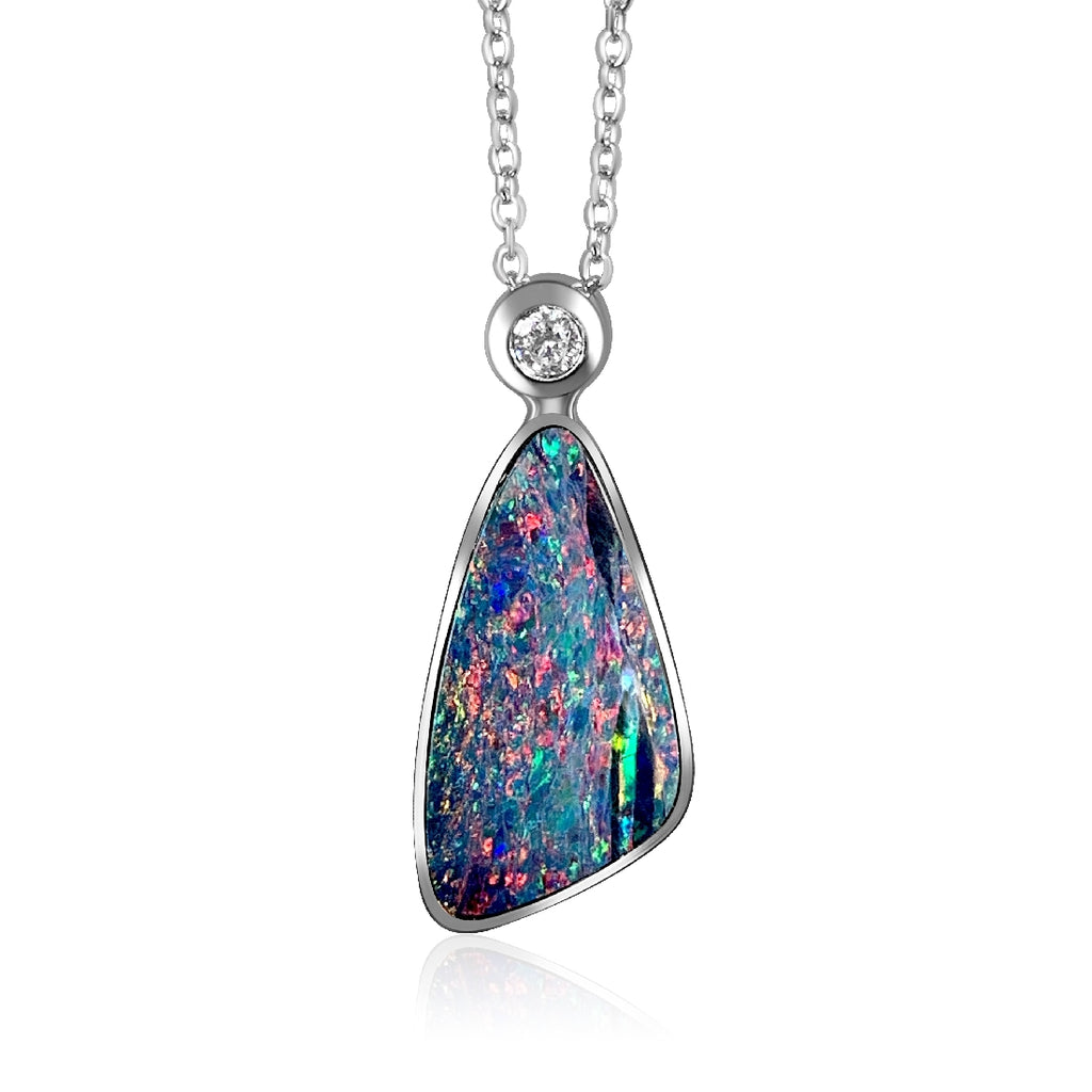 14kt White Gold Opal 3ct Doublet and Diamond triangle pendant - Masterpiece Jewellery Opal & Gems Sydney Australia | Online Shop