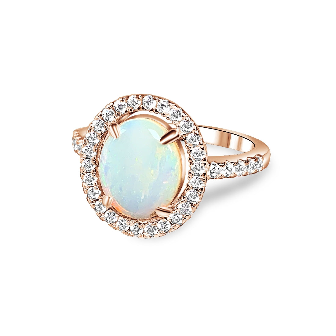 Rose Gold Plated White Opal 10x8mm halo ring - Masterpiece Jewellery Opal & Gems Sydney Australia | Online Shop