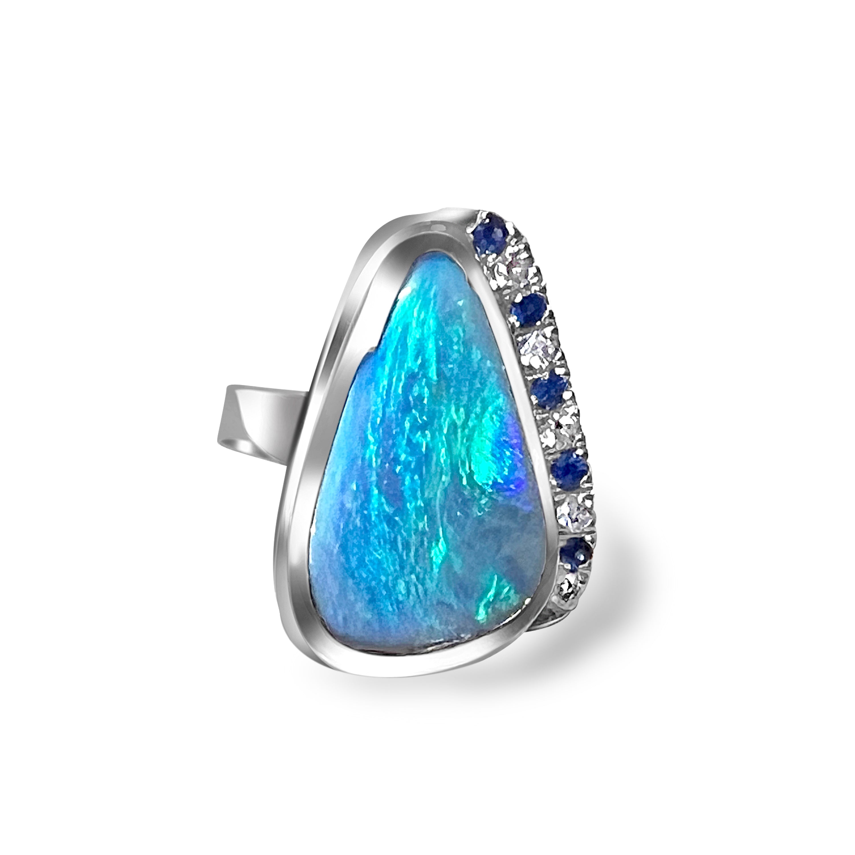18kt White Gold bezel set Black Opal, Sapphire and Diamond ring - Masterpiece Jewellery Opal & Gems Sydney Australia | Online Shop