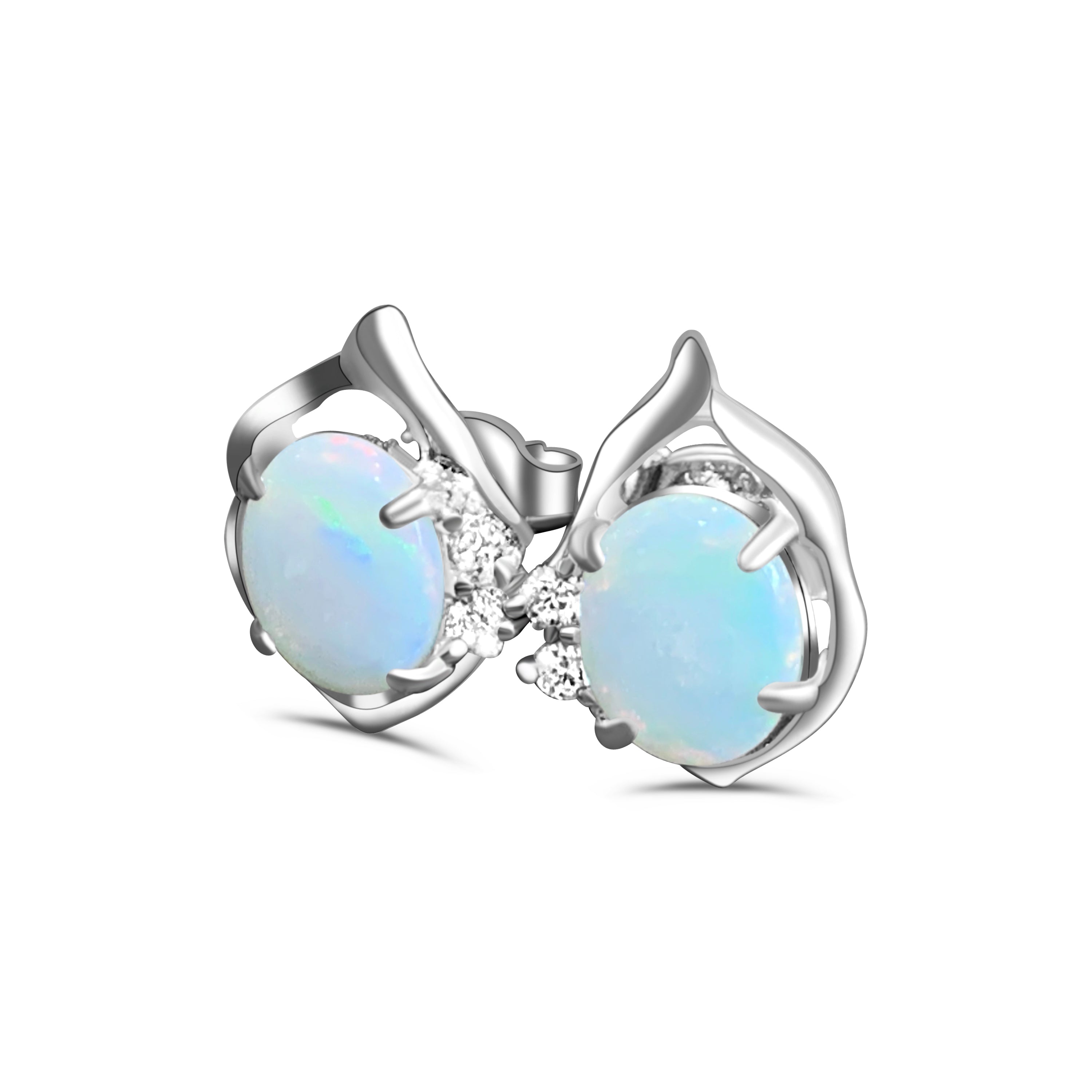 Sterling Silver 9x7mm White Opal and crystal studs - Masterpiece Jewellery Opal & Gems Sydney Australia | Online Shop