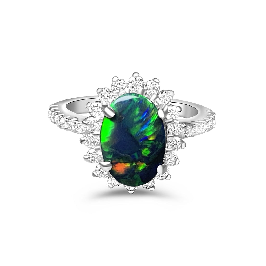 Platinum cluster Black Opal 1.04ct and Diamond ring - Masterpiece Jewellery Opal & Gems Sydney Australia | Online Shop