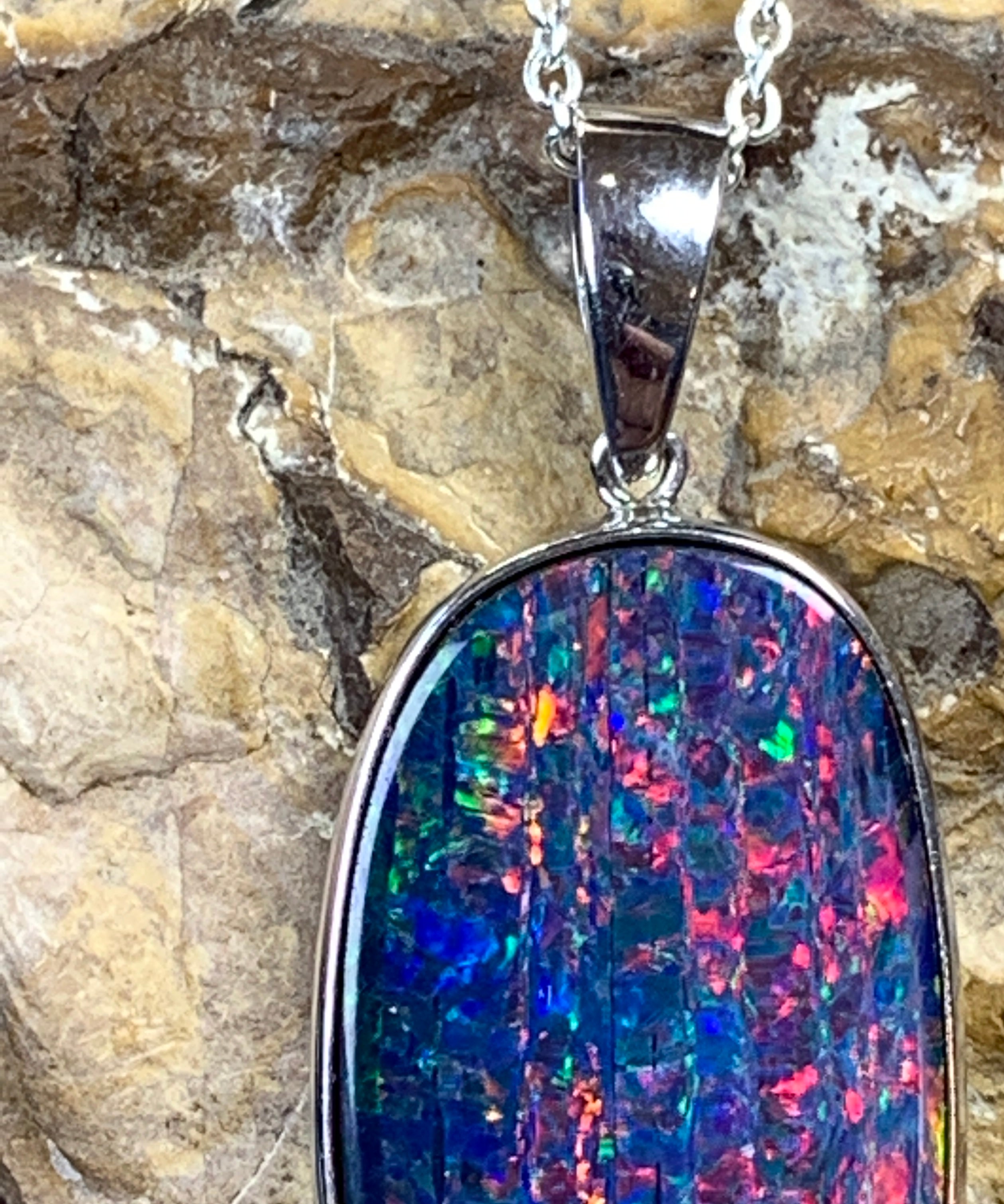 14kt White Gold pendant 9.15ct Australian Opal doublet Red Blue Green - Masterpiece Jewellery Opal & Gems Sydney Australia | Online Shop