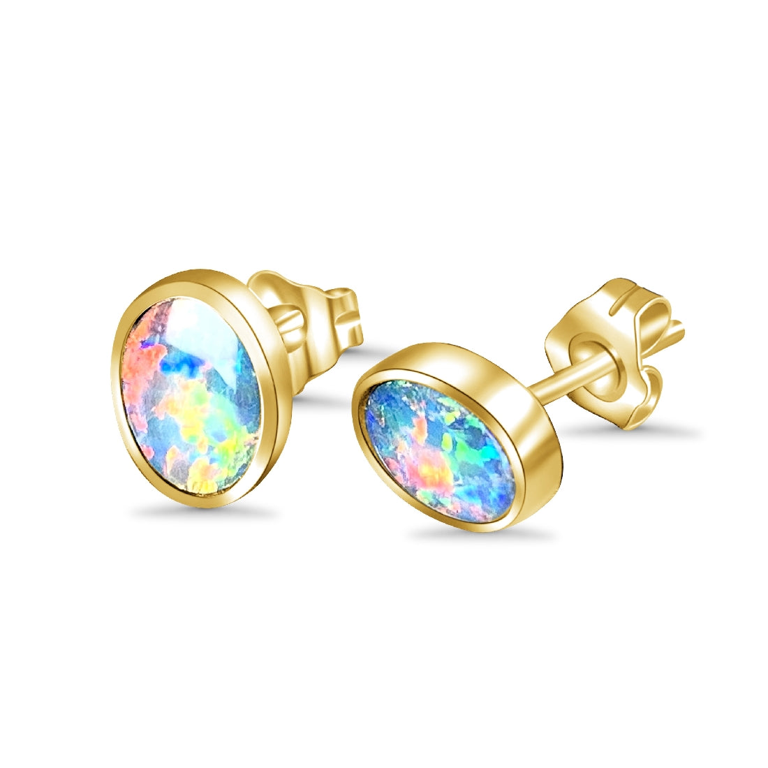 9kt Yellow Gold pairof bezel 7x5mm Opal earring studs - Masterpiece Jewellery Opal & Gems Sydney Australia | Online Shop