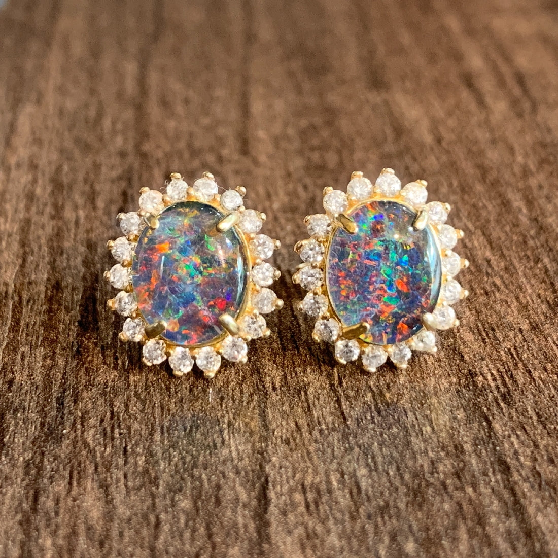 Gold Plated Silver 10x8mm Opal triplet cluster earrings - Masterpiece Jewellery Opal & Gems Sydney Australia | Online Shop
