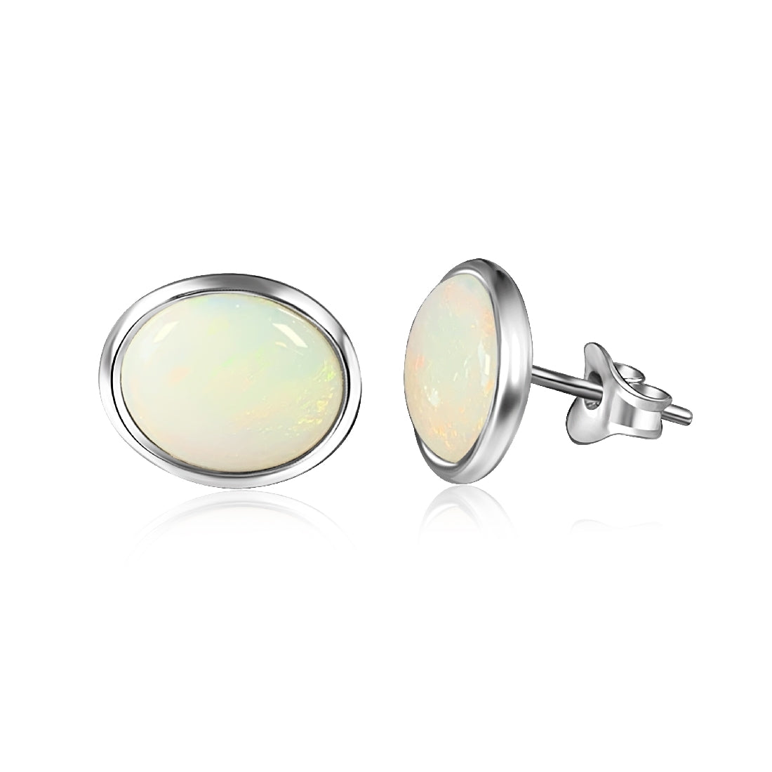 Sterling Silver 10x8mm White Opal bezel studs - Masterpiece Jewellery Opal & Gems Sydney Australia | Online Shop
