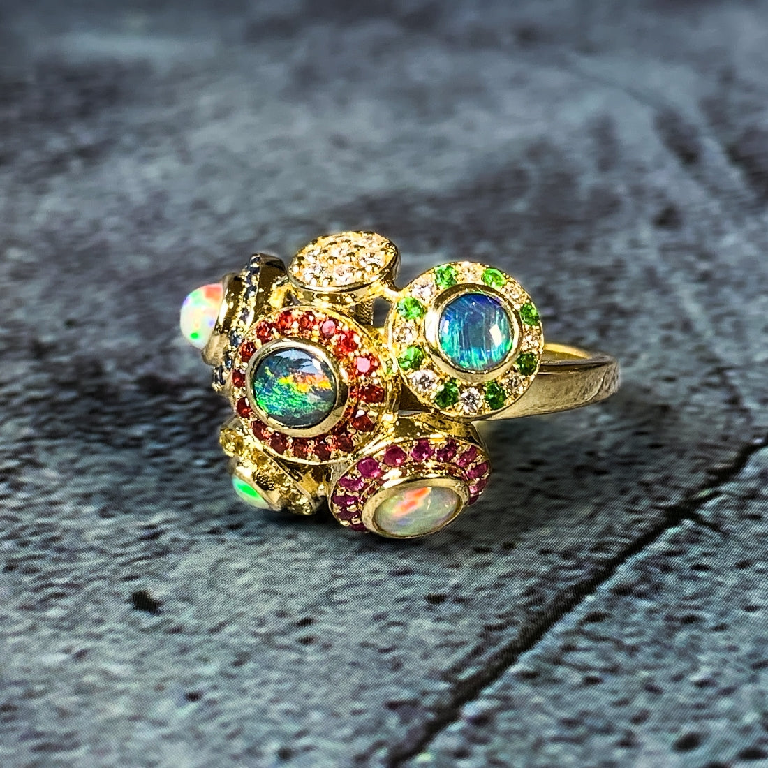 18kt Yellow Gold designer cluster ring with multi colour Opals, Diamonds, Sapphires and Rubies - Masterpiece Jewellery Opal & Gems Sydney Australia | Online Shop