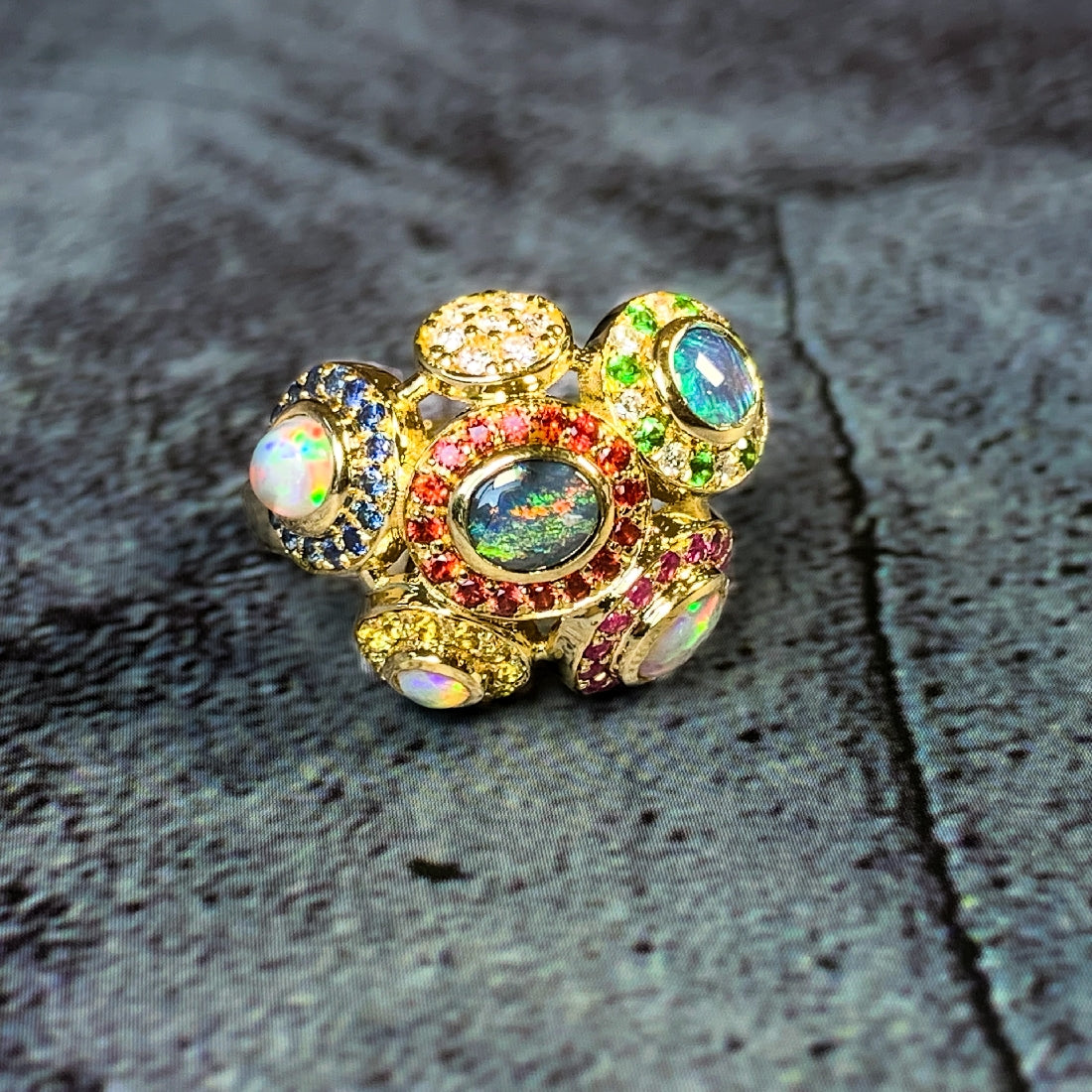18kt Yellow Gold designer cluster ring with multi colour Opals, Diamonds, Sapphires and Rubies - Masterpiece Jewellery Opal & Gems Sydney Australia | Online Shop