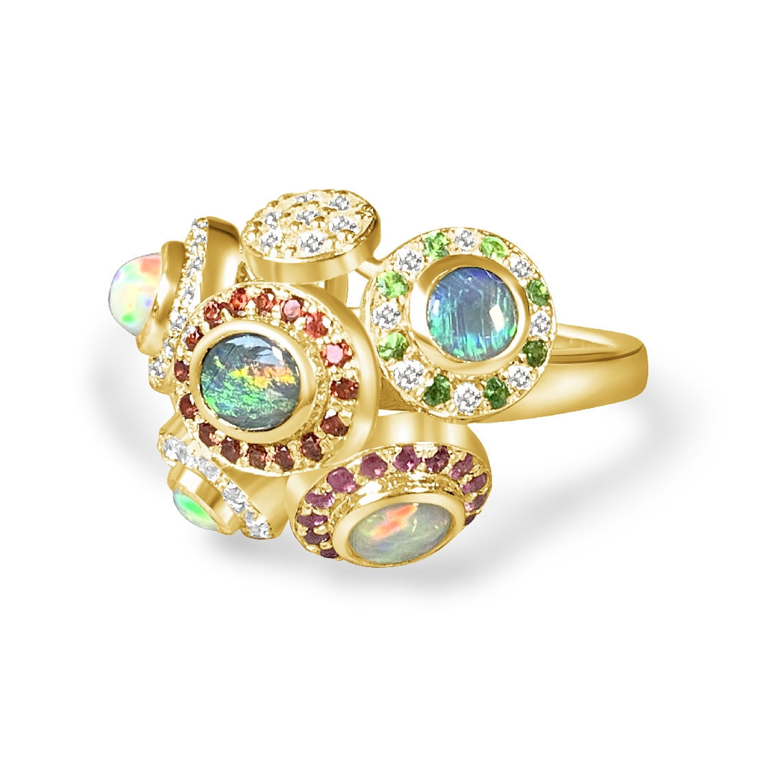 18kt Yellow Gold designer cluster ring with multi colour Opals, Diamonds, Sapphires and Rubies - Masterpiece Jewellery Opal & Gems Sydney Australia | Online Shop