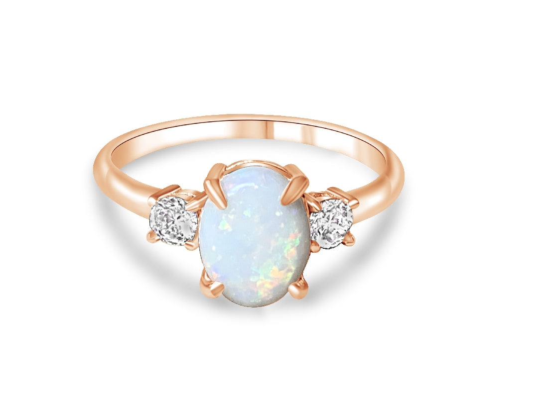 Silver rose gold plated 9x7mm White Opal trilogy ring - Masterpiece Jewellery Opal & Gems Sydney Australia | Online Shop