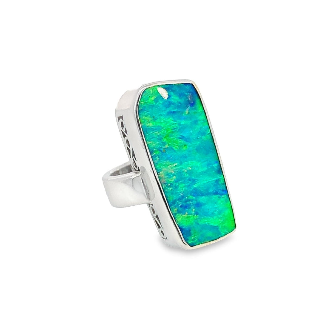 18kt White Gold Boulder Opal 17.98ct Blue Green rectangular ring - Masterpiece Jewellery Opal & Gems Sydney Australia | Online Shop