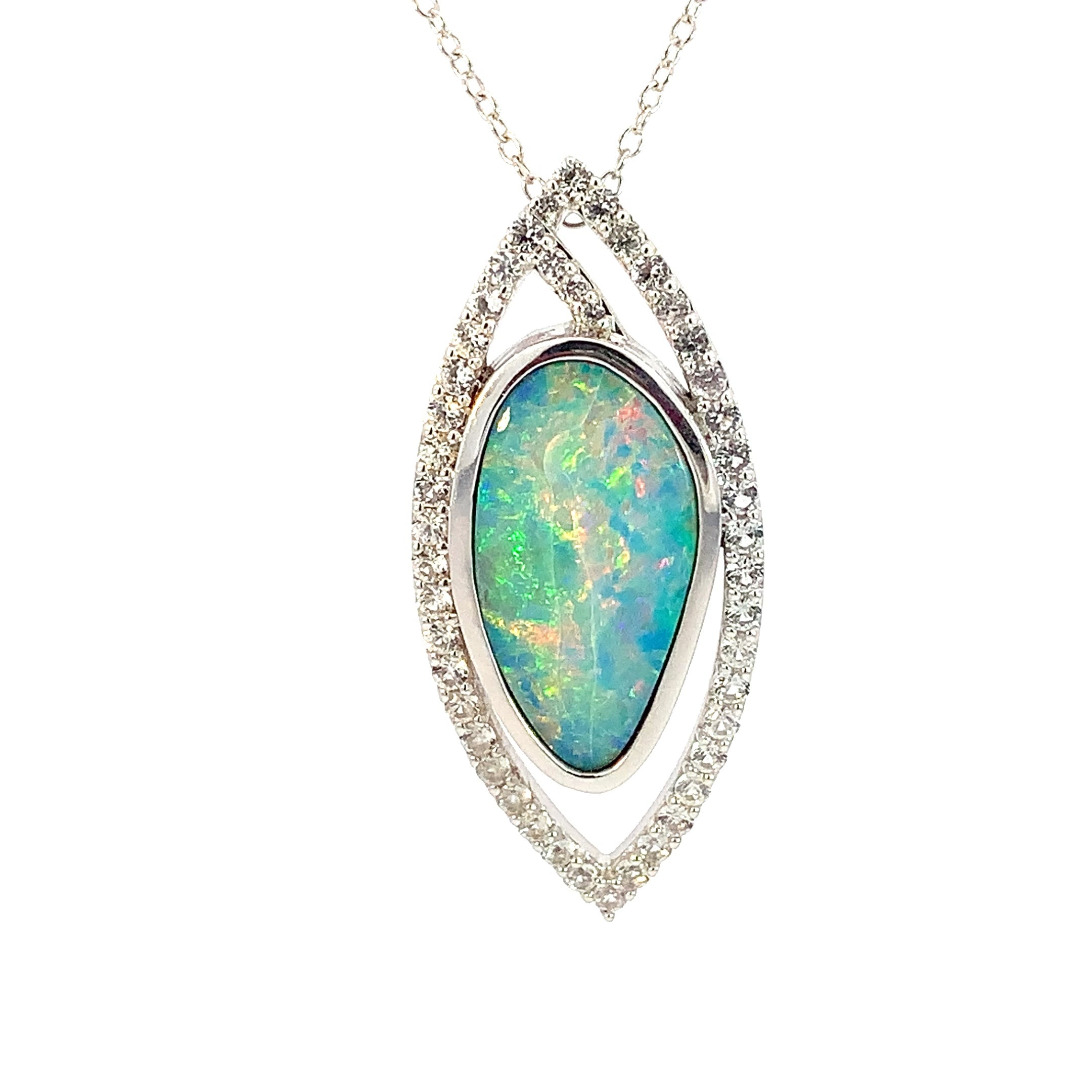 14kt White Gold Black Opal doublet freeform and White Sapphire pendant - Masterpiece Jewellery Opal & Gems Sydney Australia | Online Shop