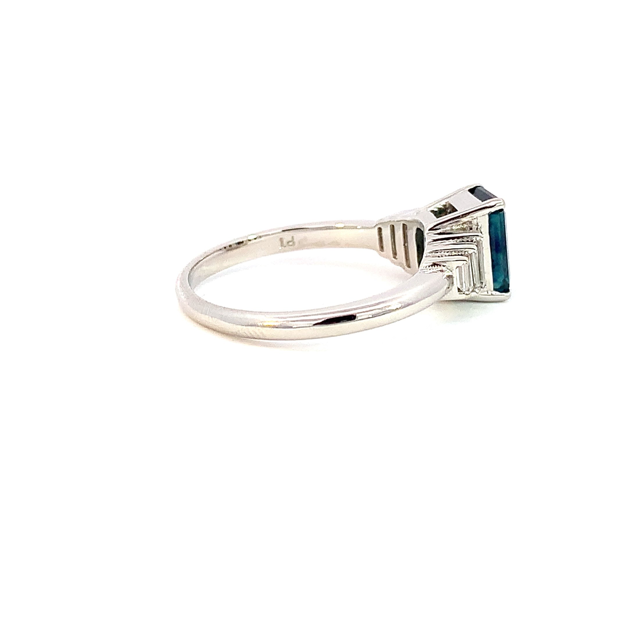 Platinum Radiant cut Teal sapphire and diamond ring - Masterpiece Jewellery Opal & Gems Sydney Australia | Online Shop