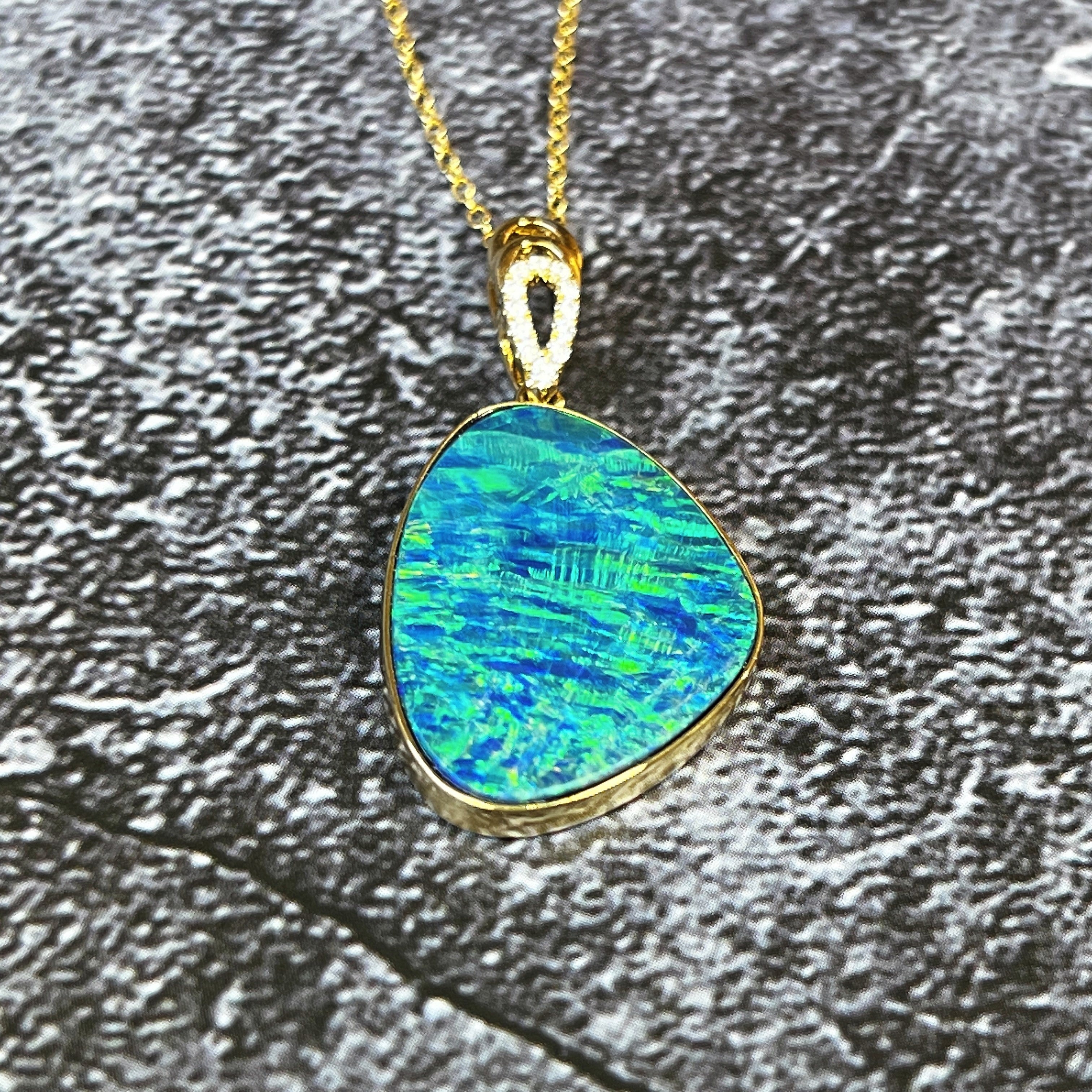 One 14kt Yellow Gold pendant with striped pattern Opal doublet and diamond bail loop - Masterpiece Jewellery Opal & Gems Sydney Australia | Online Shop