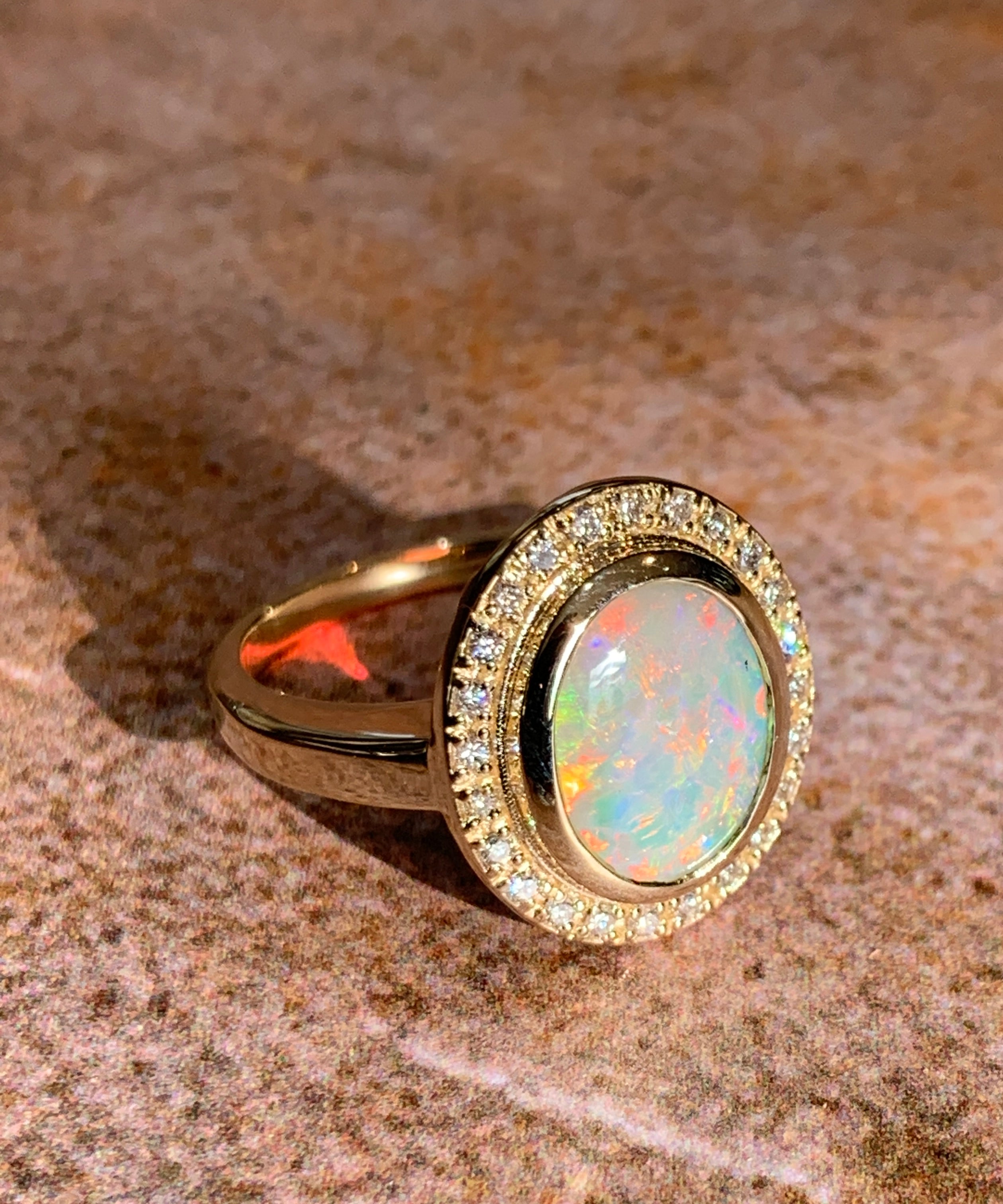 14kt Yellow Gold White Fire Opal and diamond ring - Masterpiece Jewellery Opal & Gems Sydney Australia | Online Shop