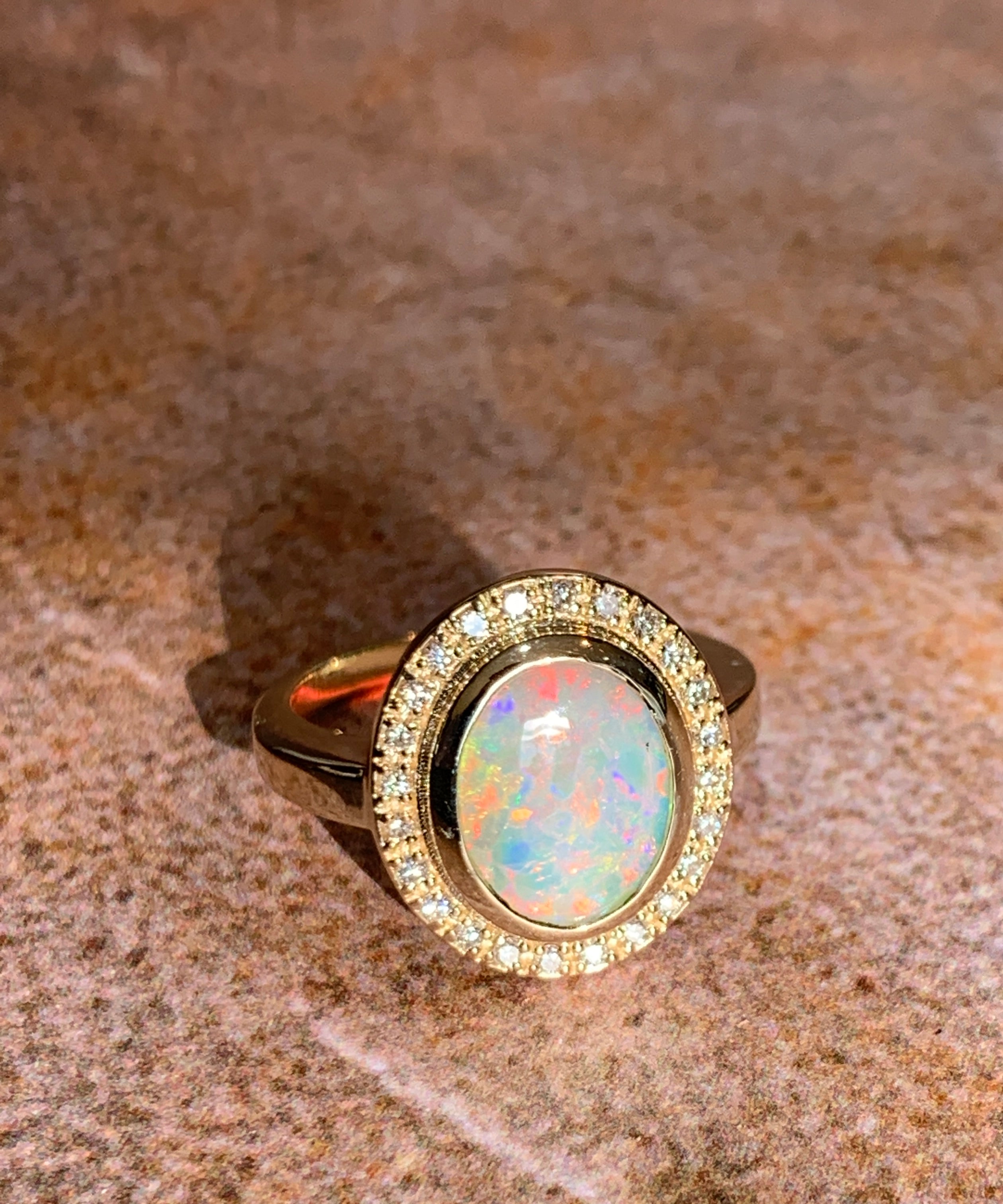 14kt Yellow Gold White Fire Opal and diamond ring - Masterpiece Jewellery Opal & Gems Sydney Australia | Online Shop