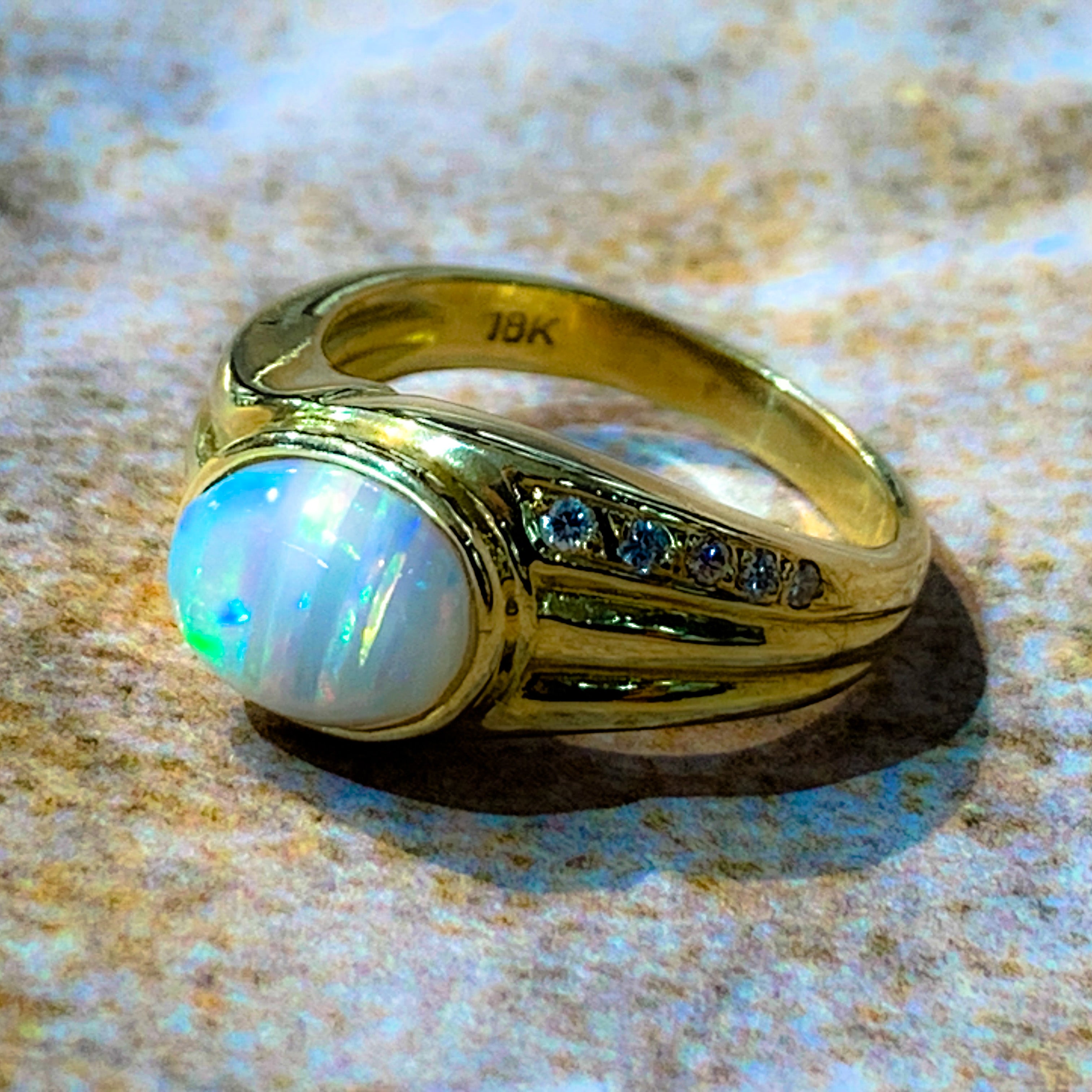 18kt Yellow Gold Multi colour Opal 9x7mm and Diamond ring - Masterpiece Jewellery Opal & Gems Sydney Australia | Online Shop